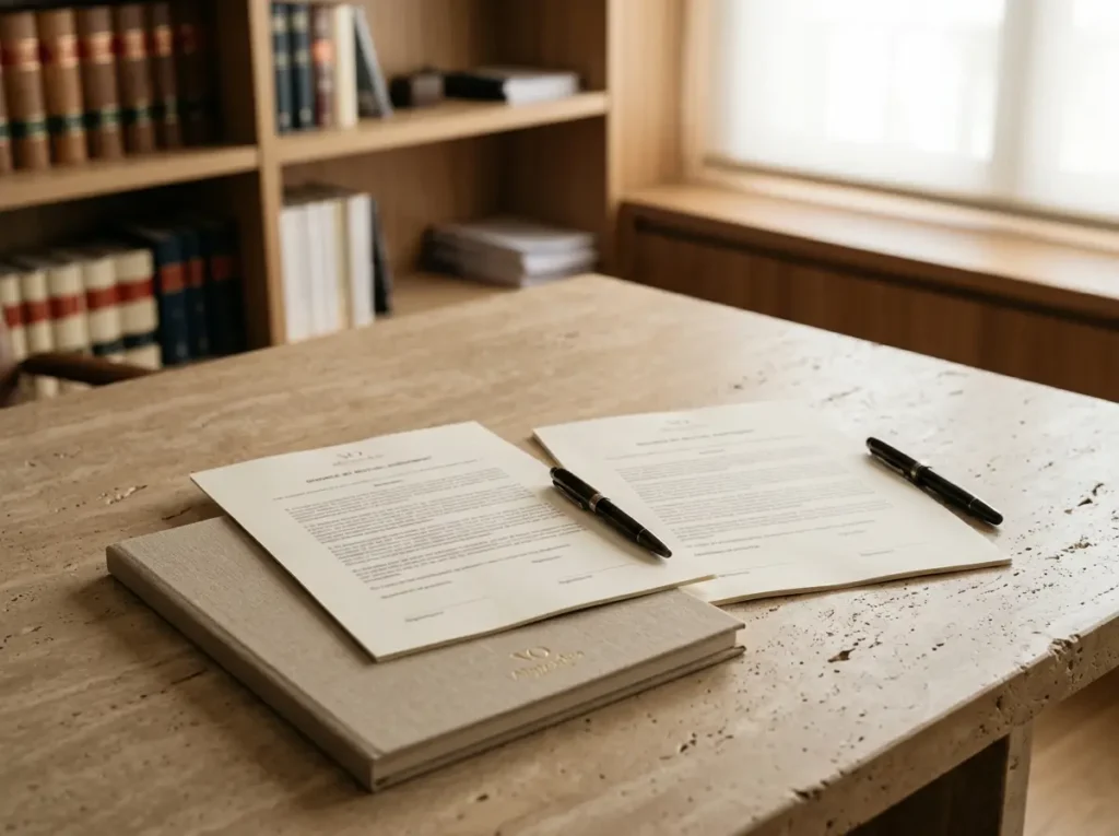 Convenio regulador de un divorcio de mutuo acuerdo preparado para firma sobre la mesa de un despacho