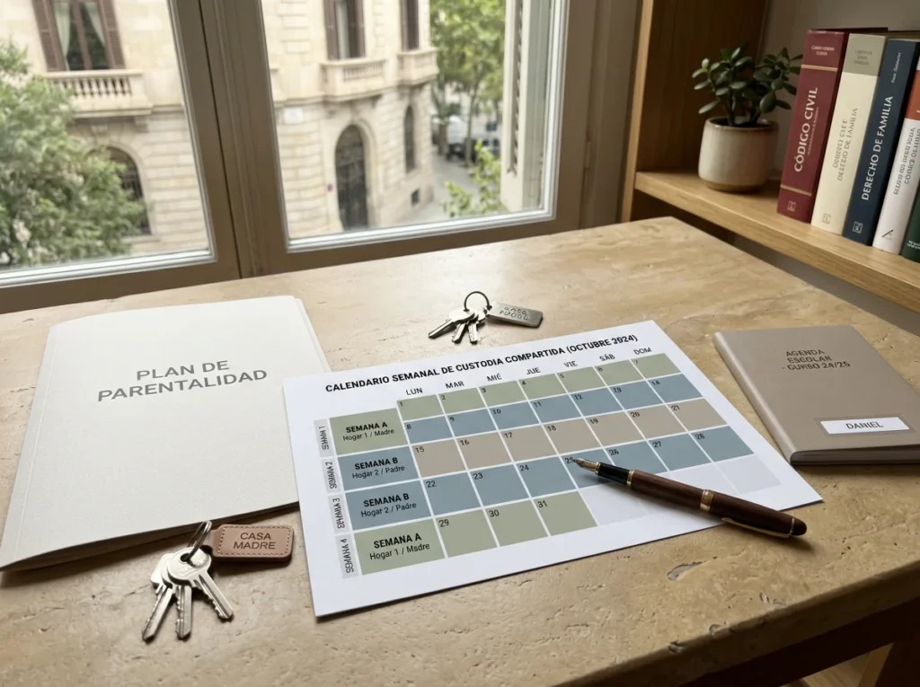 Calendario semanal de custodia compartida y carpeta de plan de parentalidad en un despacho de derecho de familia