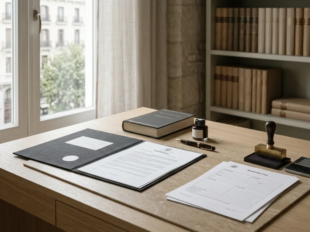 Escritorio de despacho de abogados con contrato de gestacion subrogada sin firmar y formularios del Registro Civil en Espana