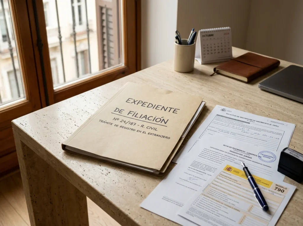 Expediente de filiacion y Registro Civil sobre la mesa de un despacho para inscribir a un menor nacido en el extranjero